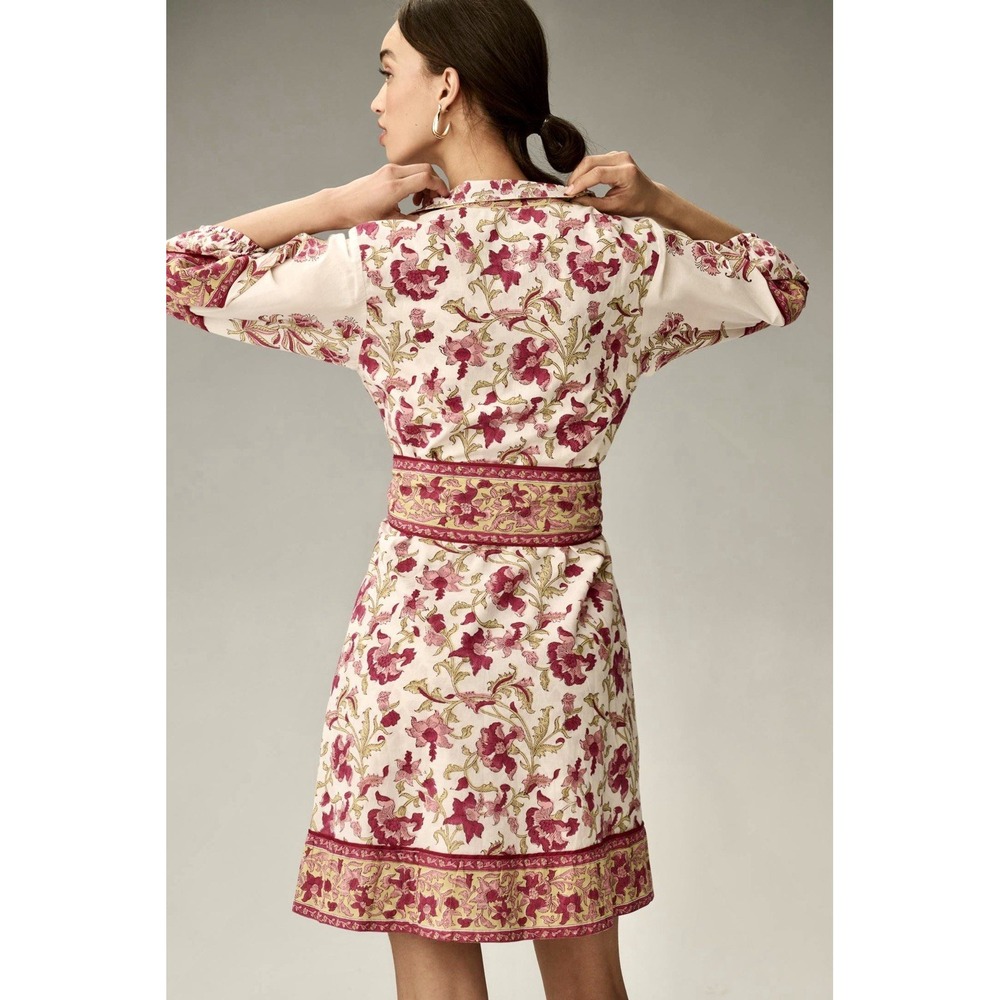 SUE SARTOR Anthropologie Long-Sleeve Flounce Dress Pink Peridot Dahlia Floral L - Picture 3 of 16